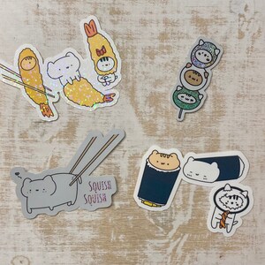 Japanese Food Sticker Pack - set of 4 diecut vinyl waterproof stickers for cat lovers, food lovers
