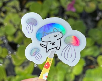 Cat Jellyfish hat sticker - holographic die cut vinyl waterproof sticker for animal lovers