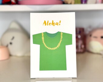 Tarjeta de camiseta Aloha verde: Tarjeta plana en blanco Puakenikeni Lei