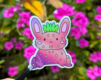 Strawberry bunny holographic sticker - diecut waterproof sticker for animal lovers