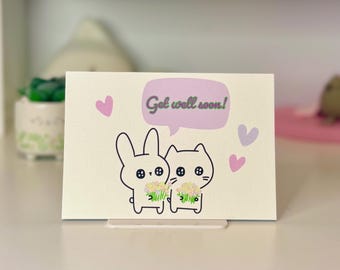 Get well soon card with bunny and cat - card for animal lovers