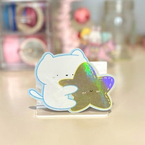 Cat with star holo sticker - holographic diecut waterproof vinyl sticker for cat lovers