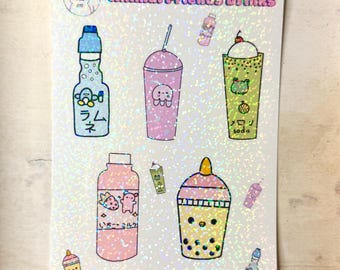 Animal Friends Drinks sticker sheet - sheet of 5 die cut vinyl waterproof glitter stickers