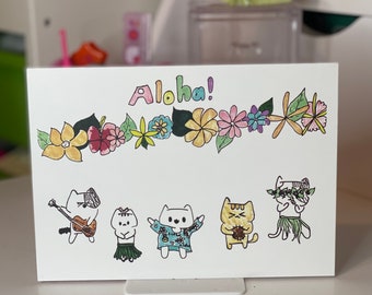 Kawaii Cat Aloha Card – Hand Drawn Hawaii Greeting Card