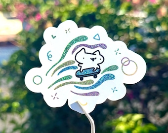 Skateboarding cat glitter sticker - whimsical die cut vinyl sticker with sparkly finish