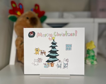 Whimsical Cat Christmas Card – Hand-Drawn Holiday Card