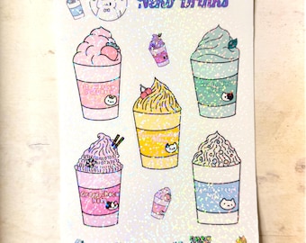 Neko drinks sticker sheet - sheet of 5 die cut waterproof vinyl glitter stickers