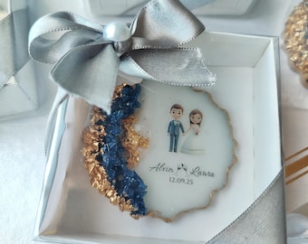 Aangepaste harshuwelijksbedankje • Gepersonaliseerde afbeeldingsmagneet koppel • Elegante blauwe en gouden bruiloftsaandenken