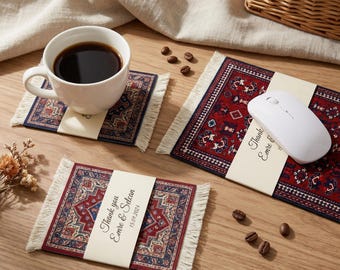 Gepersonaliseerde kelimonderzetter en muismat, handgemaakte trouwbedankje in vloerkleedstijl, gepersonaliseerd bedankje