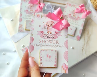 Gepersonaliseerde babyshower bedankje chocolade | Teddybeer bedankje babymeisje | Aangepaste roze feestartikelen voor gasten