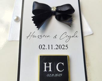 Elegante chocoladebedankje voor bruiloft met zwarte strik | Gepersonaliseerde datumcadeau | Luxe bedankchocolade voor gasten | Minimalistische huwelijksbedankje