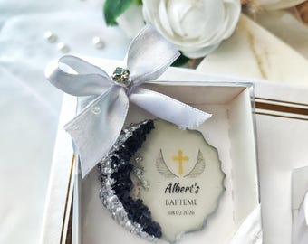 Luxe doopvont met geode – aangepast harscadeau – zwartgouden doopherinnering