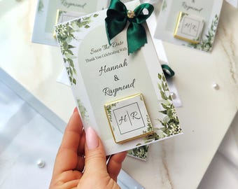 Luxe bewaar-de-datum-bedankje | Gepersonaliseerd chocoladehuwelijkscadeau | Elegante gepersonaliseerde bruiloft bedankt | Minimalistische gouden bruiloftsaandenken