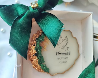 Aangepaste groengouden doopgunst – gepersonaliseerd doopcadeau – elegante harsherinnering voor babyjongen