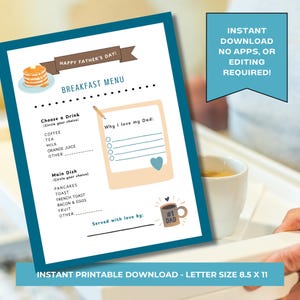 Vaderdagontbijtmenu | Afdrukbaar kindercadeau voor papa, direct downloaden, geen bewerking nodig, 8,5 x 11, letter-formaat | Vaderdag aandenken