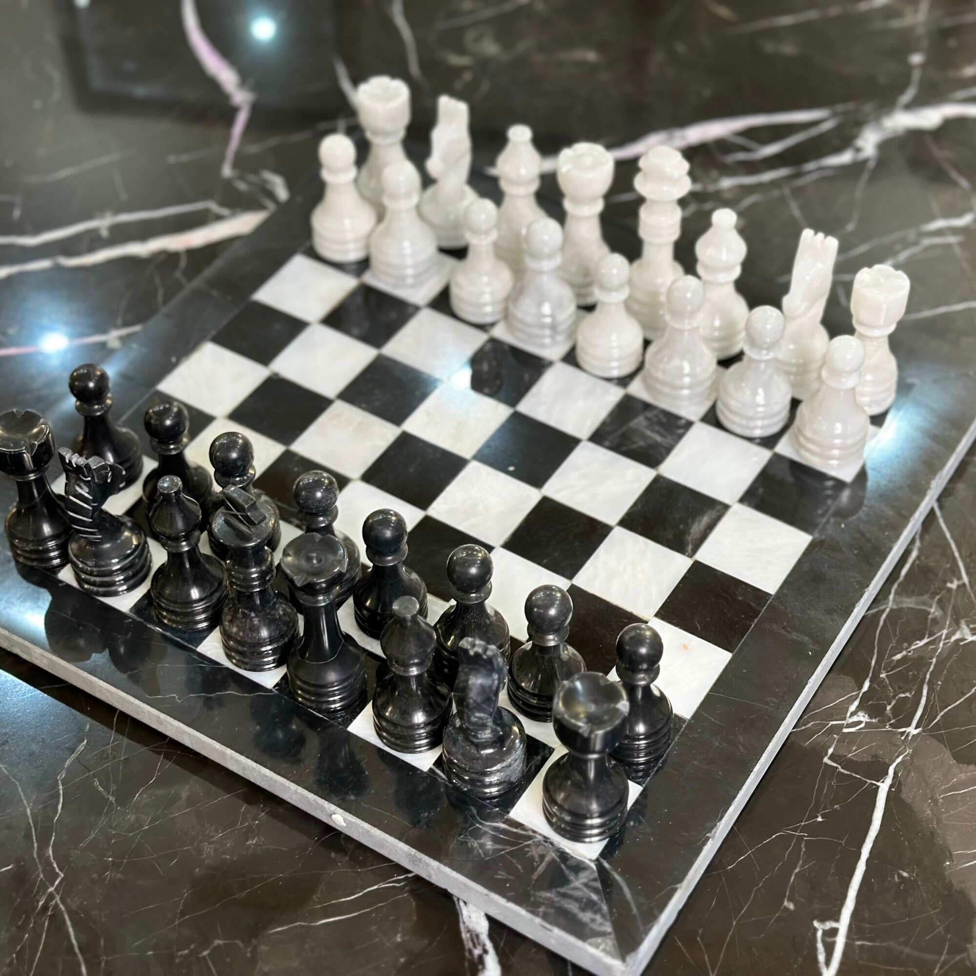 Handmade Premium Marble Chess Set - 16inch Large Size Luxury Chess Board  with Pieces - Modern Marble Chess Set with Gift Box (Black and White)