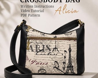 May include: Crossbody bag with a black strap and sides, featuring a beige front panel printed with Parisian motifs, including the Eiffel Tower and script. The bag has a zipper closure and gold-toned hardware. Text on the bag reads "Paris Couture".