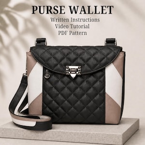 May include: A quilted black purse wallet with a flap closure, featuring a geometric pattern. The purse has a shoulder strap with black, white, and tan accents. The text "PURSE WALLET" and other details are displayed above the purse.
