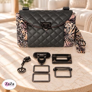 May include: A black quilted handbag with a leopard print side panel and a matching strap, featuring a metal turn-lock closure. Below the bag are several black metal hardware components, including a zipper pull, buckles, and a clasp. The text ZaZa Line is visible.