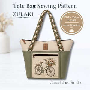 May include: Tote bag sewing pattern with a bicycle design. The bag has a braided handle in green and beige, a front pocket with a bicycle illustration, and the text "ZULAKI". Includes PDF and video tutorial.