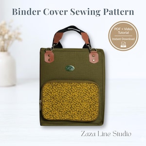May include: An olive green binder cover sewing pattern with a mustard yellow patterned pocket. The bag has brown leather accents, a black handle, and the text "Binder Cover Sewing Pattern" and "Zaza Line Studio". Includes a PDF and video tutorial.
