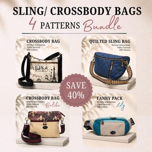 May include: An image displaying a bundle of four sling and crossbody bag patterns. The bags include a black crossbody bag with a Paris theme, a quilted blue sling bag, a beige and burgundy crossbody bag, and a teal fanny pack.