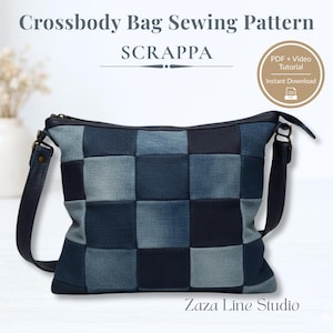 May include: A crossbody bag sewing pattern with the text "Crossbody Bag Sewing Pattern SCRAPPA". The bag is made of denim squares in various shades of blue. It has a black strap and zipper. A PDF and video tutorial are available.