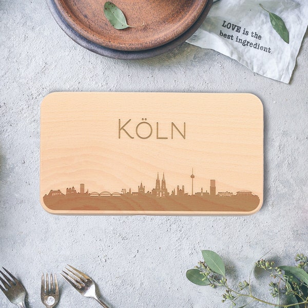 Schneidebrett individuell graviert mit der Skyline von Köln, Souvenir, Personalisiertes Geschenk