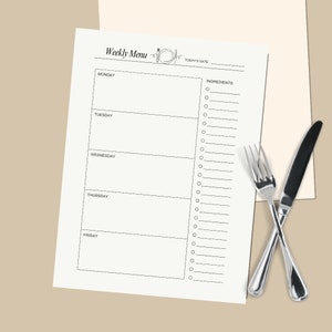 Minimalist Weekly Meal Planner *PRINTABLE DOWNLOAD* Easy Daily Food Menu Checklist