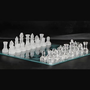 Elegant Glass Chess Set Frosted & Clear Pieces with Reflective Board Size 14 X 14 Inch, Luxury Gift for Him, Premium Chess Board Set
