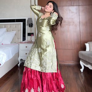 Embroidered Moss Satin Sharara Set: Pakistani Salwar Kameez Party Outfit