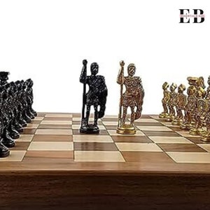 Antique Luxury Chess Board Set Folding Wooden Chess Board with Brass Chess Roman Figures Set, Premium Chess Set, Antique Roman Figures Chess