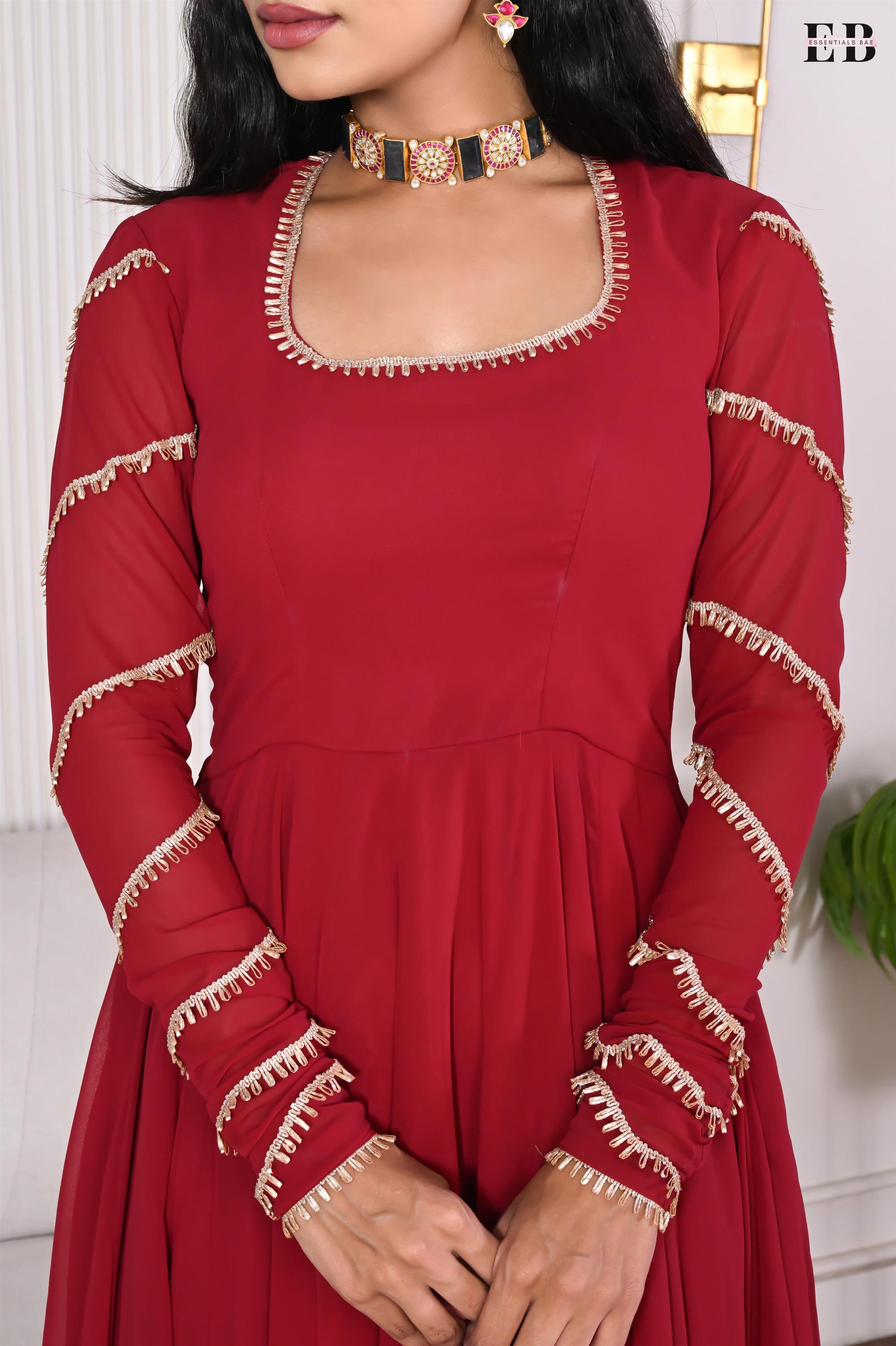 Maroon Anarkali style Anarkali Semi-Stitched Suits