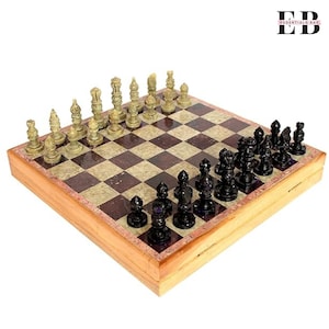 Luxury Stone Chess Set with Wooden Base: Hand-Crafted 12&quot; Board