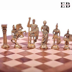Luxury Brass Chess Set With Wooden Board 14&quot;X14&quot; Inches, Brass Roman Figure Chess Pieces- Best For Home Decor, Kids, Luxury Gift for Him