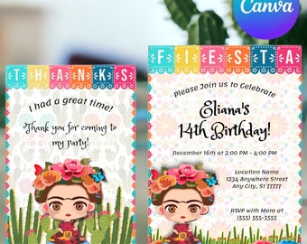 Mexican Theme, Frida Theme Digital Birthday Party Invitation Template