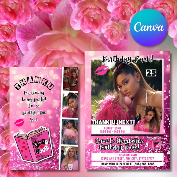 Ariana Grande Thank You Next, Thank U Next Pink Theme Digital Birthday Party Invitation Template