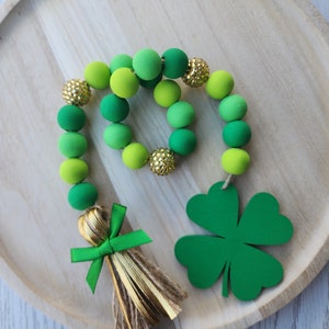 St. Patrick's Day 4 Leaf Clover Garland St. Patrick's Day Tiered Tray Beads Farmhouse Wood Garland Decor image 1