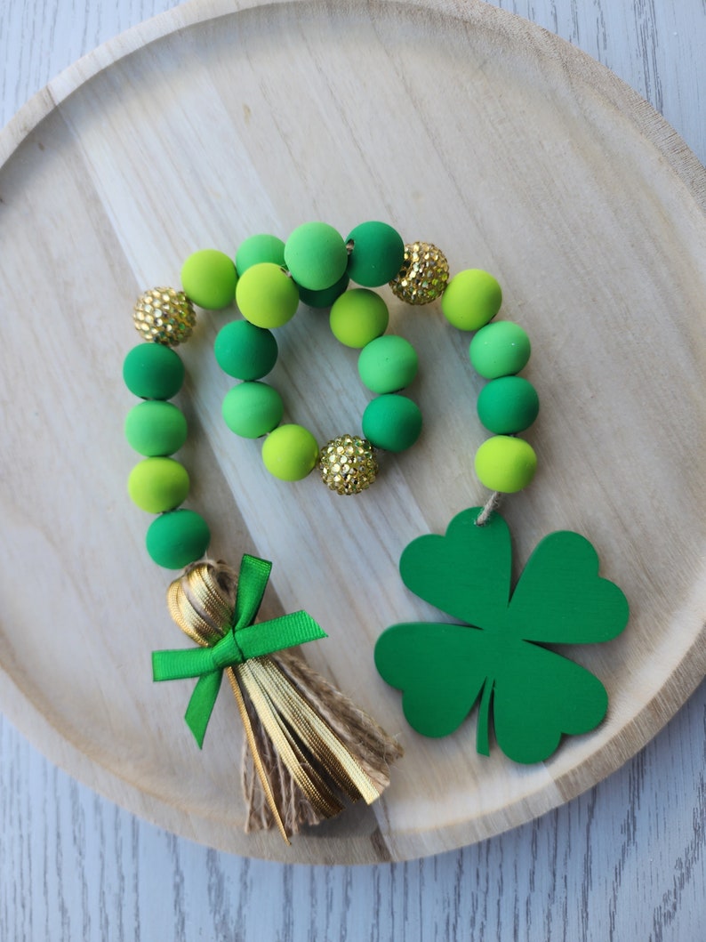 St. Patrick's Day 4 Leaf Clover Garland St. Patrick's Day Tiered Tray Beads Farmhouse Wood Garland Decor image 1