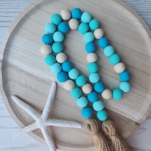 Coastal Wood Beaded Garland Beach House Decor Blue Tiered Tray Decor Bay House Ocean Blue Home Decor Summer