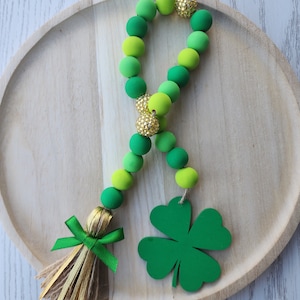 St. Patrick's Day 4 Leaf Clover Garland St. Patrick's Day Tiered Tray Beads Farmhouse Wood Garland Decor image 5