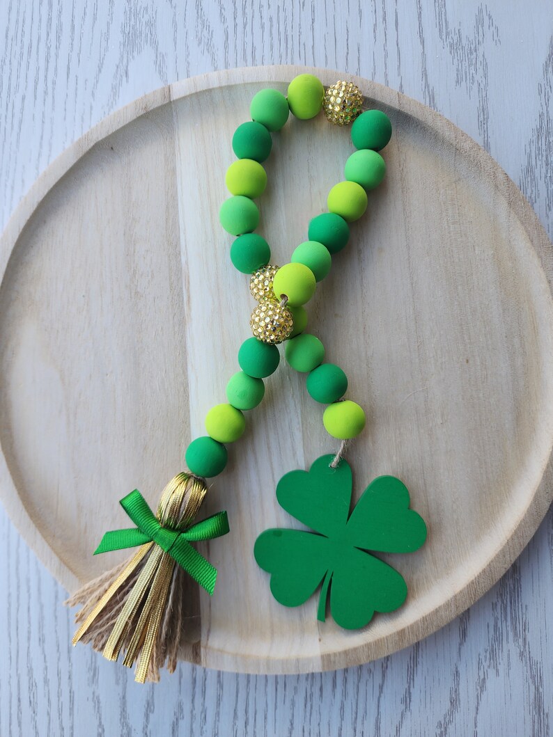 St. Patrick's Day 4 Leaf Clover Garland St. Patrick's Day Tiered Tray Beads Farmhouse Wood Garland Decor image 5