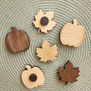 May include: A collection of six wooden magnets shaped like pumpkins and maple leaves. Three items are finished in a light natural wood tone, while the other three are stained in a dark brown. Each piece features a circular black magnet on the back.