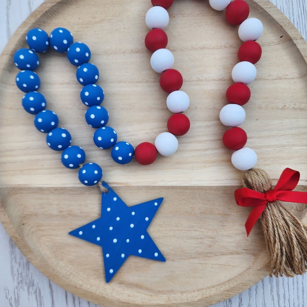 4th of July Garland - Red, White, and Blue Tiered Tray Decor - Patriotic Farmhouse Wood Bead Garland - Summer Tiered Tray