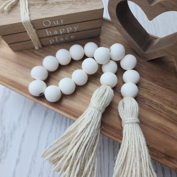 Cream Wood Bead Garland with Cream Tassels | Decorative Tray | Decorative Accent | Farmhouse Decor | Boho Home Decor | Cream Home Decor