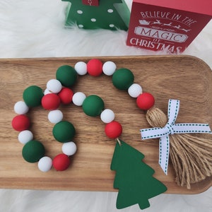 Christmas Garland | Wood Beads | Christmas Tiered Tray Decor | Christmas Tree Wood Tag | Cheerful and Merry | Red and Green | Traditional