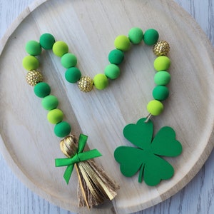 St. Patrick's Day 4 Leaf Clover Garland St. Patrick's Day Tiered Tray Beads Farmhouse Wood Garland Decor image 2