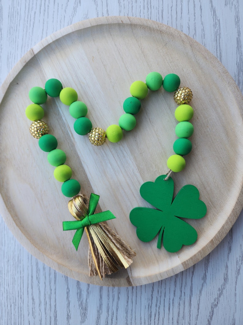 St. Patrick's Day 4 Leaf Clover Garland St. Patrick's Day Tiered Tray Beads Farmhouse Wood Garland Decor image 2