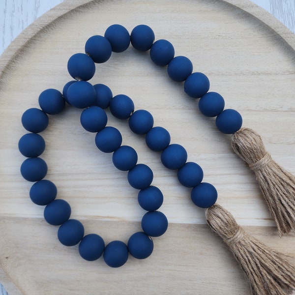 Navy Blue Garland - Farmhouse Wood Beads - Decorative Tray Decor - Blue Home Decor Gift