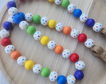 Rainbow Beaded Garland | Polka Dots | Pride Decor | Summer Tiered Tray | Rainbow Birthday Decor | Colored Wood Beads | Toy Room Fun Shelf